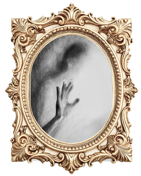 Hand on glass sketch, oval frame
