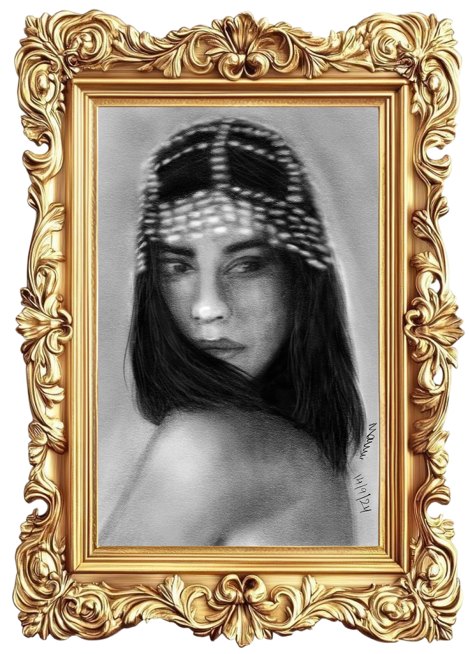 Portrait with pearl headdress in an ornate frame