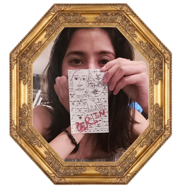 Girl holding paper over her face, octagonal frame