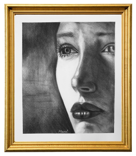 Charcoal face profile in a gold frame