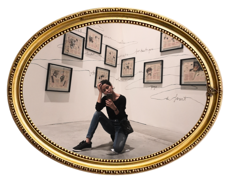 Figure crouching in a gallery, oval frame